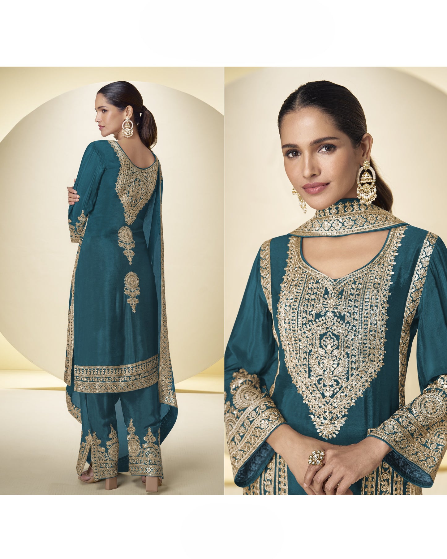 Woman wearing a teal embroidered traditional outfit with gold details on a beige background