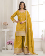 Yellow Simer Silk Plazo Suit With Kameez & Dupatta For Indian & Pakistani Wedding Festival - Dori With Sequence & Thread Embroidery Work