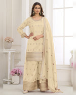 Off-White Simer Silk Plazo Suit With Kameez & Dupatta For Indian & Pakistani Wedding Festival - Dori With Sequence & Thread Embroidery Work