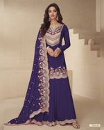 Purple Chinon Silk Plazo Suit With Kameez & Dupatta For Indian & Pakistani Wedding Festival - Dori With Thread & Sequence Embroidery Work