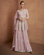 Pastel Pink Georgette Sharara Suit With Kameez & Dupatta For Indian & Pakistani Wedding Festival - Mirror & Dori With Thread & Sequence Work