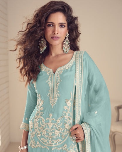 Light Blue Chinon Silk Plazo Suit With Kameez & Dupatta For Indian & Pakistani Wedding Festival - Stone & Dori With Thread & Sequence Embroidery Work