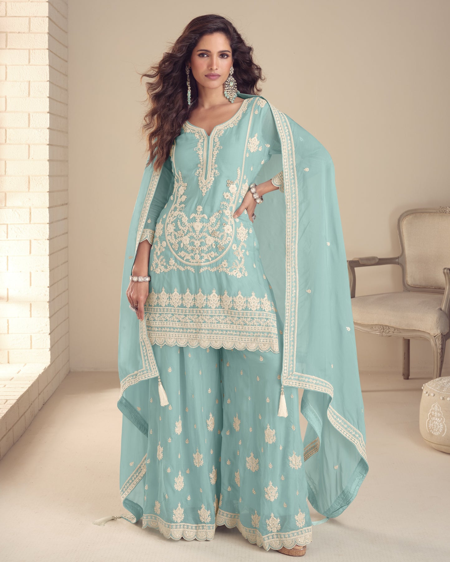 Light Blue Chinon Silk Plazo Suit With Kameez & Dupatta For Indian & Pakistani Wedding Festival - Stone & Dori With Thread & Sequence Embroidery Work