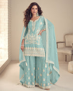 Light Blue Chinon Silk Plazo Suit With Kameez & Dupatta For Indian & Pakistani Wedding Festival - Stone & Dori With Thread & Sequence Embroidery Work