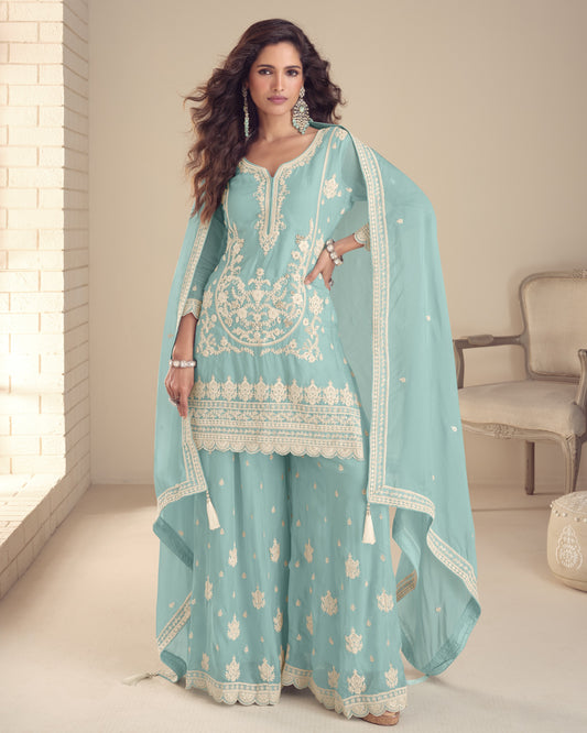 Light Blue Chinon Silk Plazo Suit With Kameez & Dupatta For Indian & Pakistani Wedding Festival - Stone & Dori With Thread & Sequence Embroidery Work