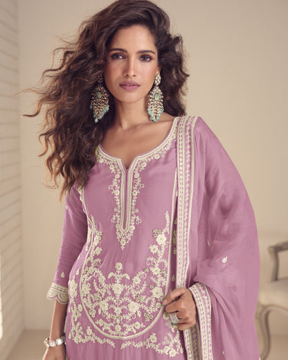 Light Purple Chinon Silk Plazo Suit With Kameez & Dupatta For Indian & Pakistani Wedding Festival - Stone & Dori With Thread & Sequence Embroidery Work
