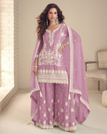 Light Purple Chinon Silk Plazo Suit With Kameez & Dupatta For Indian & Pakistani Wedding Festival - Stone & Dori With Thread & Sequence Embroidery Work