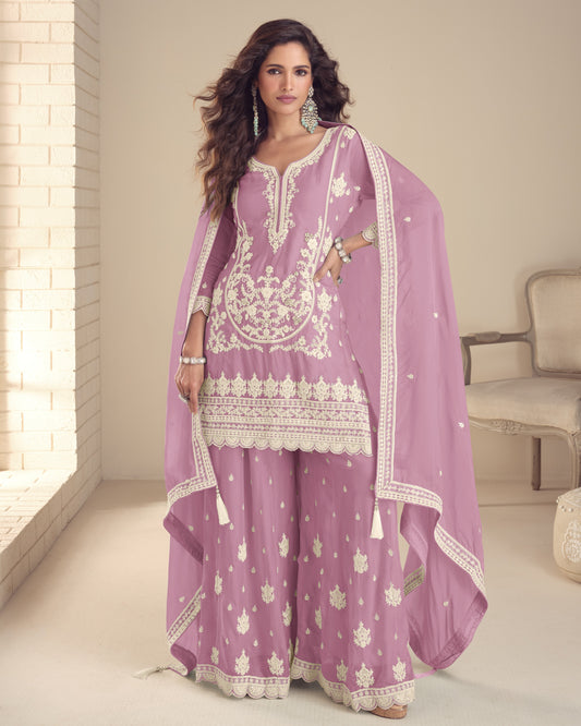 Light Purple Chinon Silk Plazo Suit With Kameez & Dupatta For Indian & Pakistani Wedding Festival - Stone & Dori With Thread & Sequence Embroidery Work