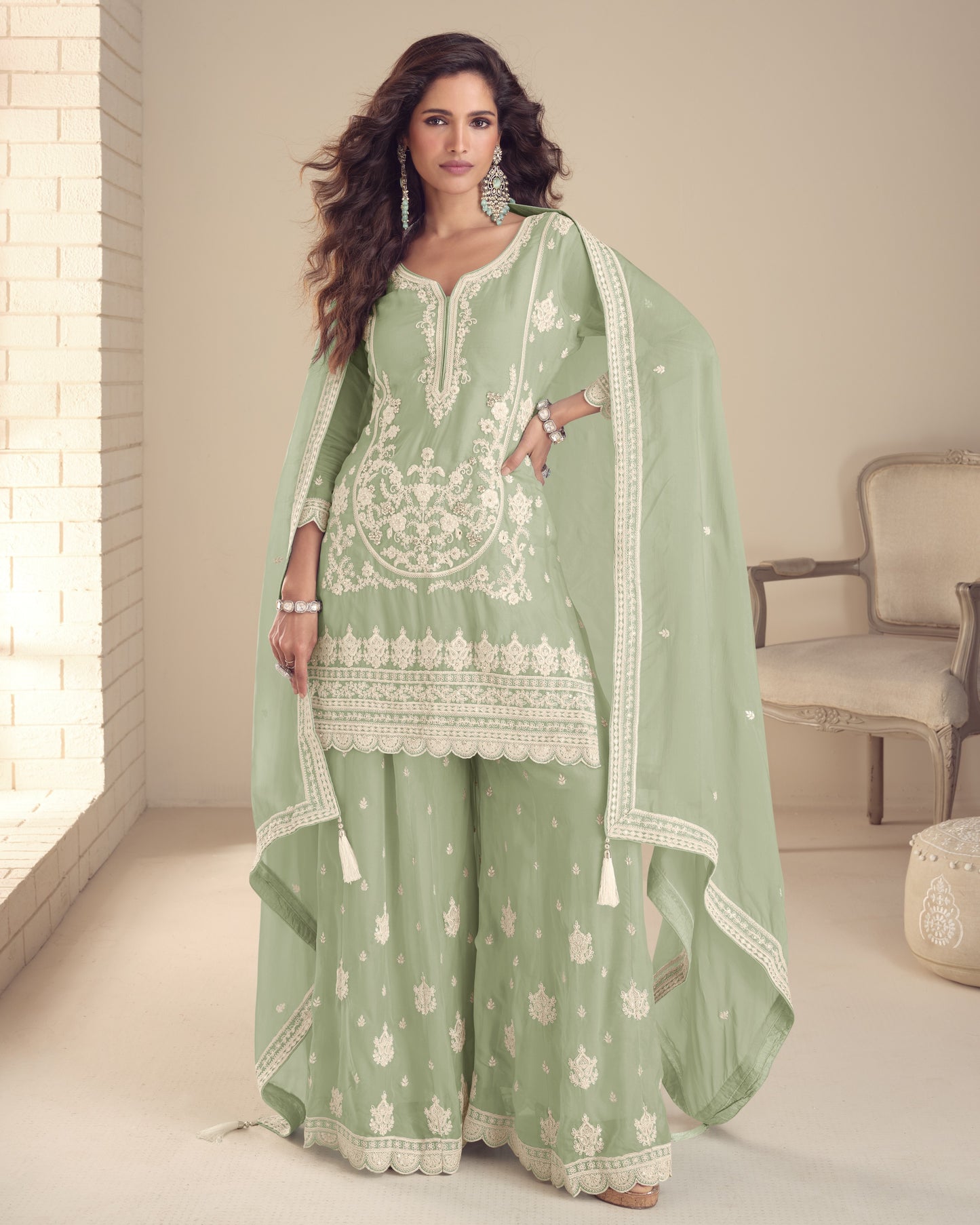 Light Green Chinon Silk Plazo Suit With Kameez & Dupatta For Indian & Pakistani Wedding Festival - Stone & Dori With Thread & Sequence Embroidery Work