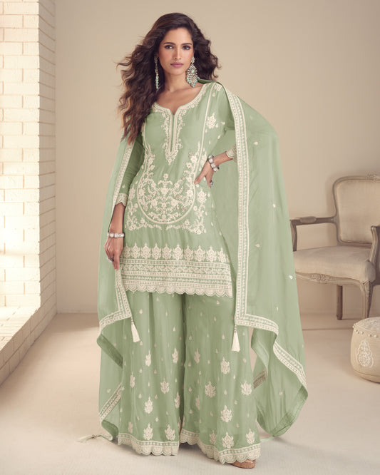 Light Green Chinon Silk Plazo Suit With Kameez & Dupatta For Indian & Pakistani Wedding Festival - Stone & Dori With Thread & Sequence Embroidery Work