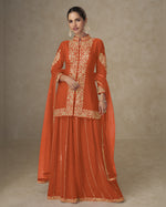 Orange Chinon Silk Plazo Suit With Kameez & Dupatta For Indian & Pakistani Wedding Festival - Stone With Dori & Thread Embroidery Work