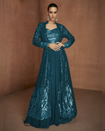 Deep Teal Georgette Plazo Suit With Blouse & Jacket For Indian & Pakistani Wedding Festival & Party Wear - Mirror With Thread & Sequence Embroidery Work