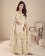 Cream Simer Silk Plazo Suit With Kameez & Dupatta For Indian & Pakistani Wedding Festival - Dori With Sequence & Thread Embroidery Work