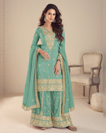 Sea Green Simer Silk Plazo Suit With Kameez & Dupatta For Indian & Pakistani Wedding Festival - Dori With Sequence & Thread Embroidery Work