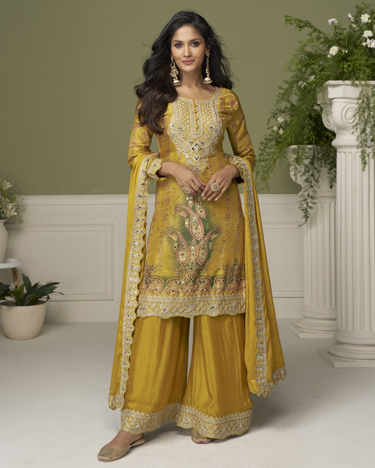 Woman wearing a mustard yellow traditional outfit with intricate patterns in a decorated room.