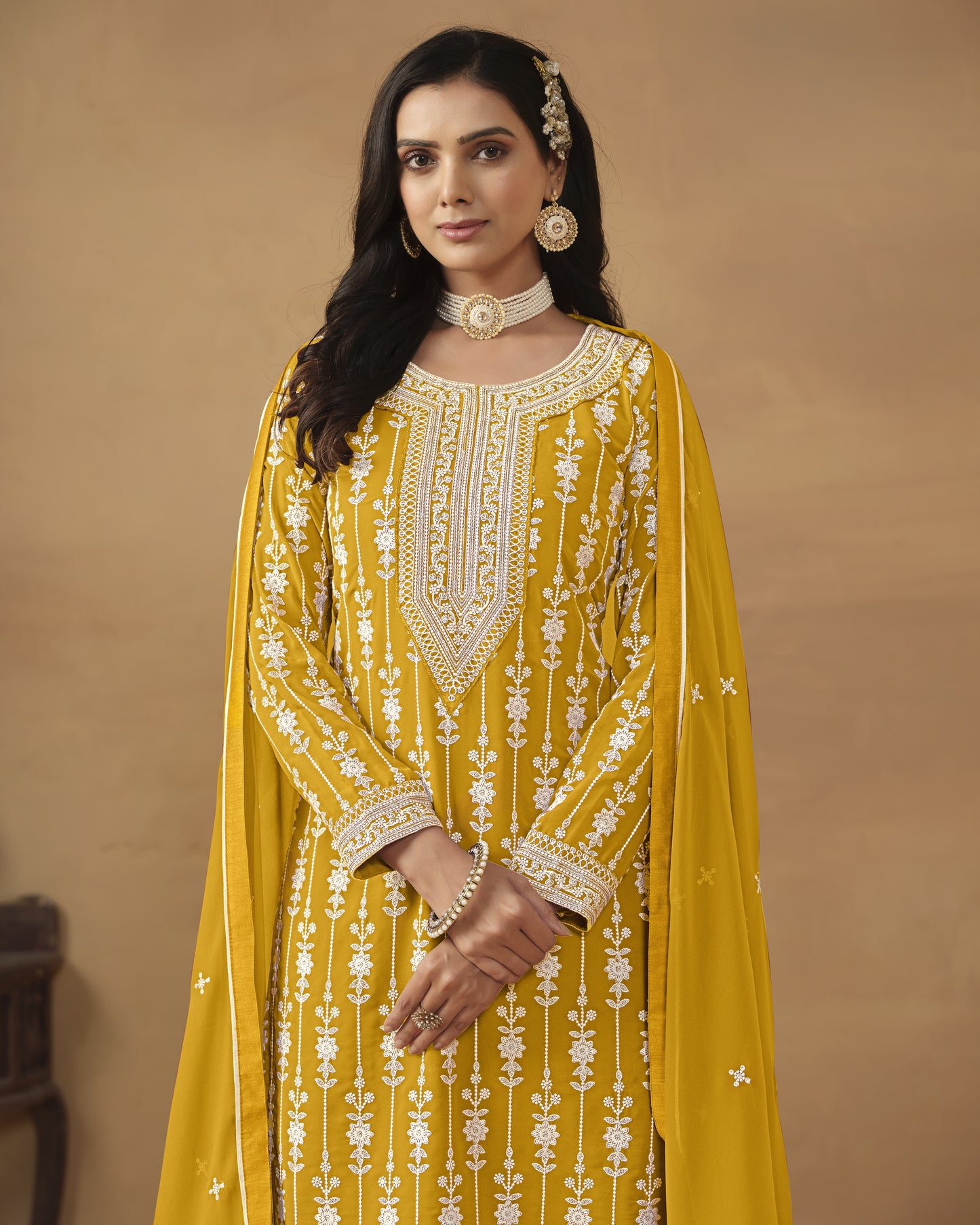 Yellow Faux Georgette Sharara Suit With Kameez And Dupatta For Indian & Pakistani Wedding Festival - Thread Sequence Work