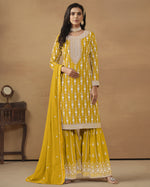 Yellow Faux Georgette Sharara Suit With Kameez And Dupatta For Indian & Pakistani Wedding Festival - Thread Sequence Work