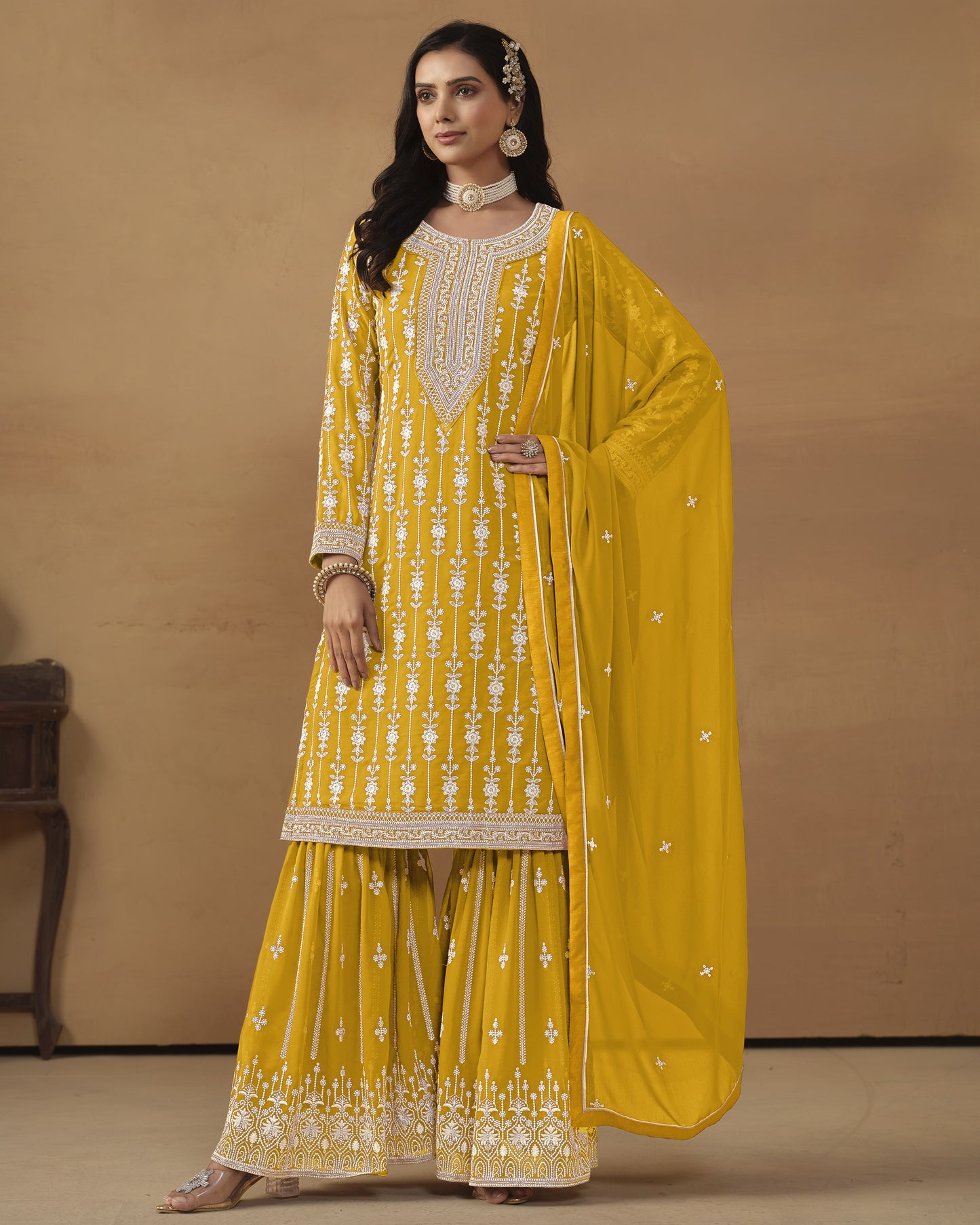 Yellow Faux Georgette Sharara Suit With Kameez And Dupatta For Indian & Pakistani Wedding Festival - Thread Sequence Work