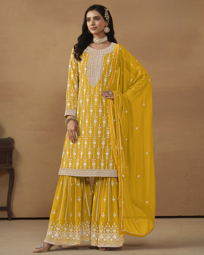 Yellow Faux Georgette Sharara Suit With Kameez And Dupatta For Indian & Pakistani Wedding Festival - Thread Sequence Work