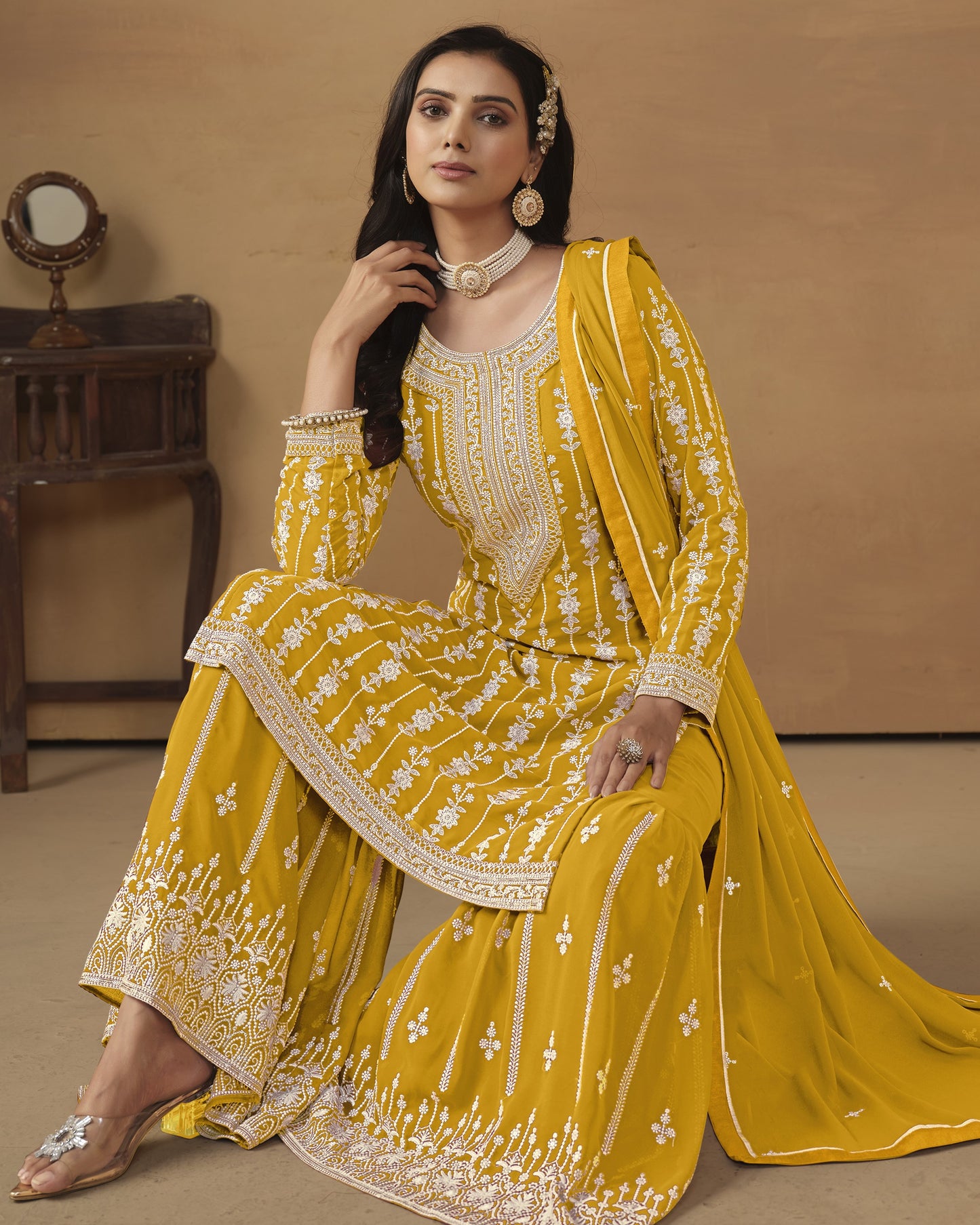 Yellow Faux Georgette Sharara Suit With Kameez And Dupatta For Indian & Pakistani Wedding Festival - Thread Sequence Work