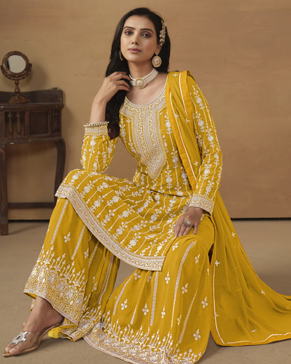 Yellow Faux Georgette Sharara Suit With Kameez And Dupatta For Indian & Pakistani Wedding Festival - Thread Sequence Work