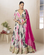 Off-White Chinon Silk Anarkali Suit With Dupatta For Indian & Pakistani Wedding Festival - Dori With Thread & Sequence Work