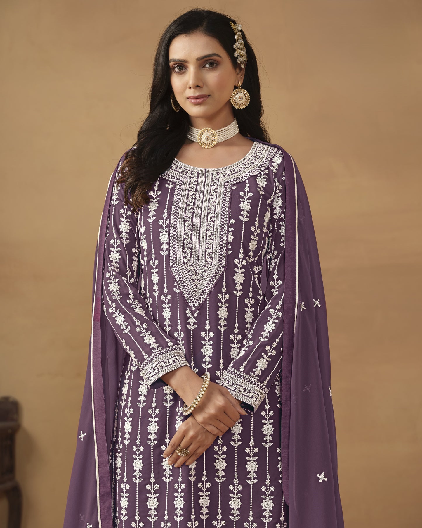Purple Faux Georgette Sharara Suit With Kameez And Dupatta For Indian & Pakistani Wedding Festival - Thread Sequence Work