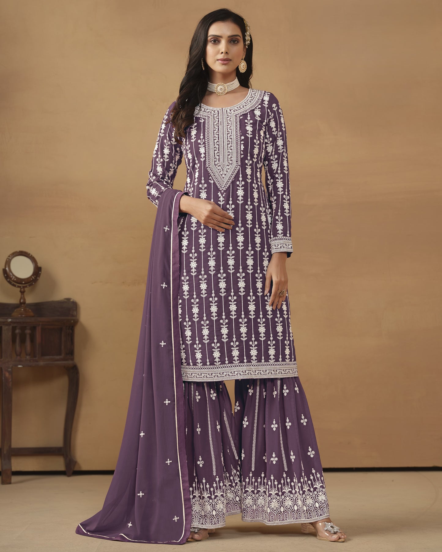 Purple Faux Georgette Sharara Suit With Kameez And Dupatta For Indian & Pakistani Wedding Festival - Thread Sequence Work