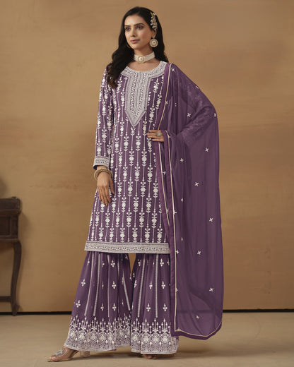 Purple Faux Georgette Sharara Suit With Kameez And Dupatta For Indian & Pakistani Wedding Festival - Thread Sequence Work