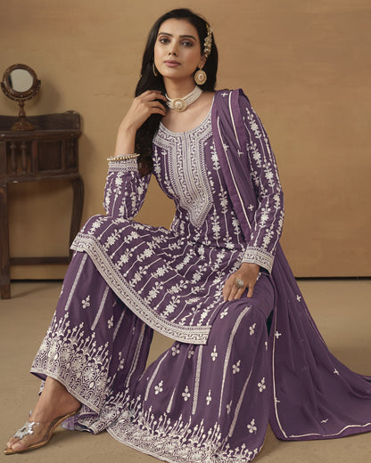 Purple Faux Georgette Sharara Suit With Kameez And Dupatta For Indian & Pakistani Wedding Festival - Thread Sequence Work