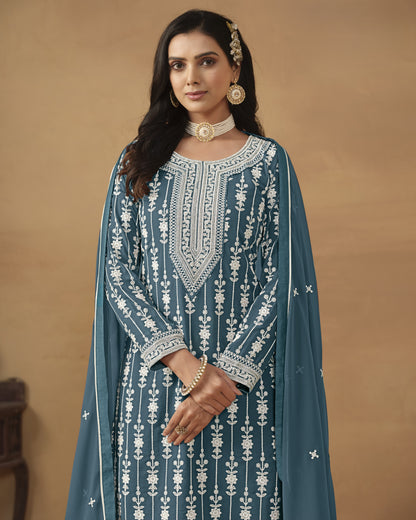 Teal Faux Georgette Sharara Suit With Kameez And Dupatta For Indian & Pakistani Wedding Festival - Thread Sequence Work