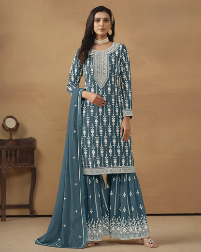 Teal Faux Georgette Sharara Suit With Kameez And Dupatta For Indian & Pakistani Wedding Festival - Thread Sequence Work