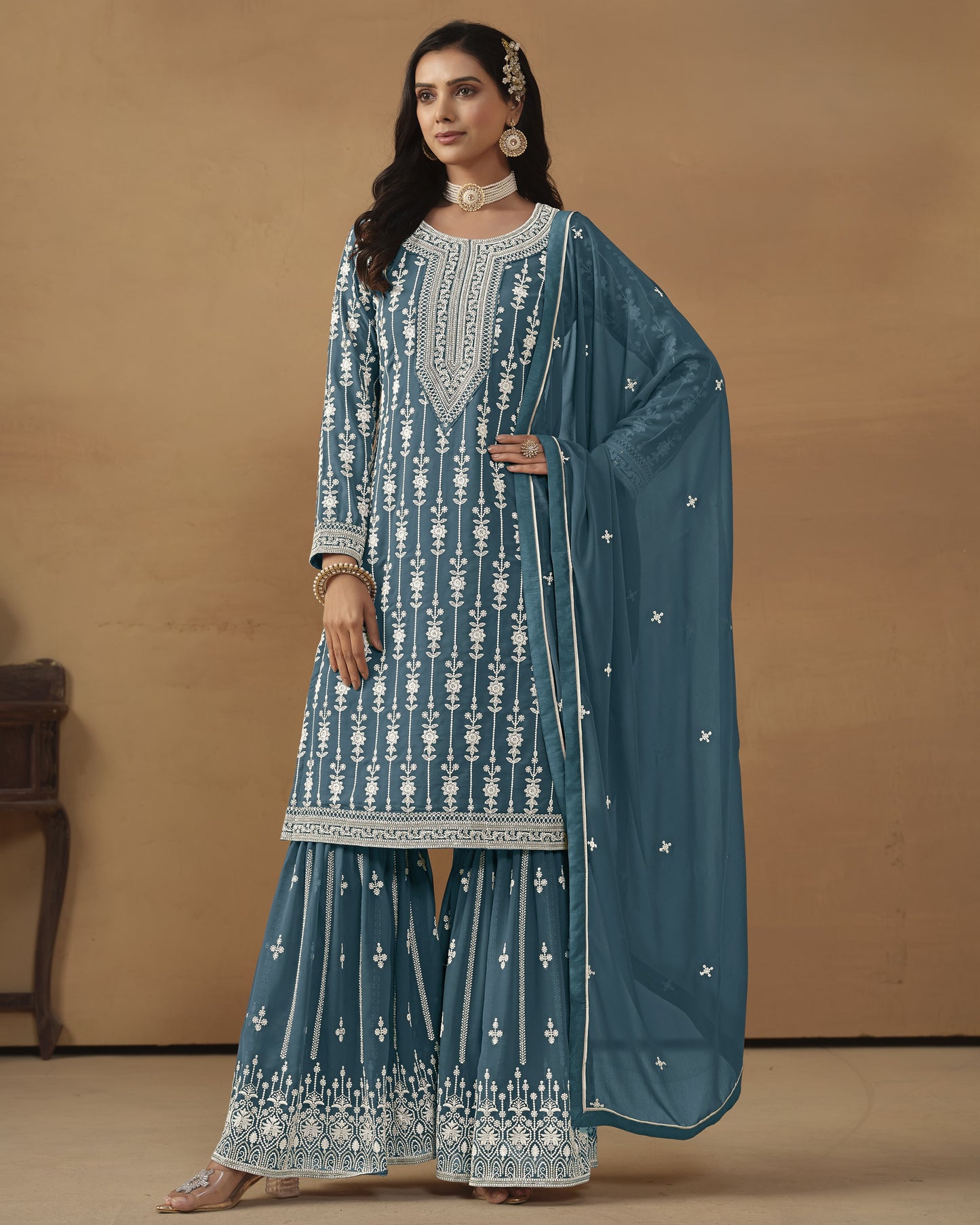 Teal Faux Georgette Sharara Suit With Kameez And Dupatta For Indian & Pakistani Wedding Festival - Thread Sequence Work