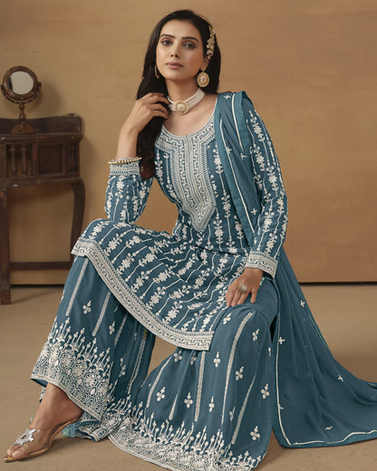 Teal Faux Georgette Sharara Suit With Kameez And Dupatta For Indian & Pakistani Wedding Festival - Thread Sequence Work