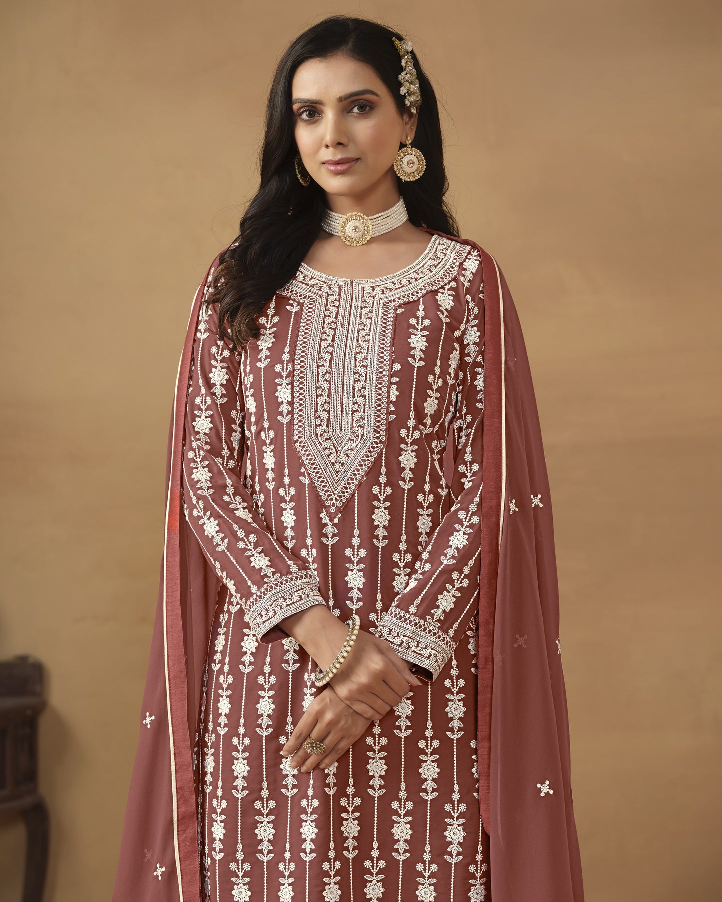 Brown Faux Georgette Sharara Suit With Kameez And Dupatta For Indian & Pakistani Wedding Festival - Thread Sequence Work
