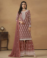 Brown Faux Georgette Sharara Suit With Kameez And Dupatta For Indian & Pakistani Wedding Festival - Thread Sequence Work