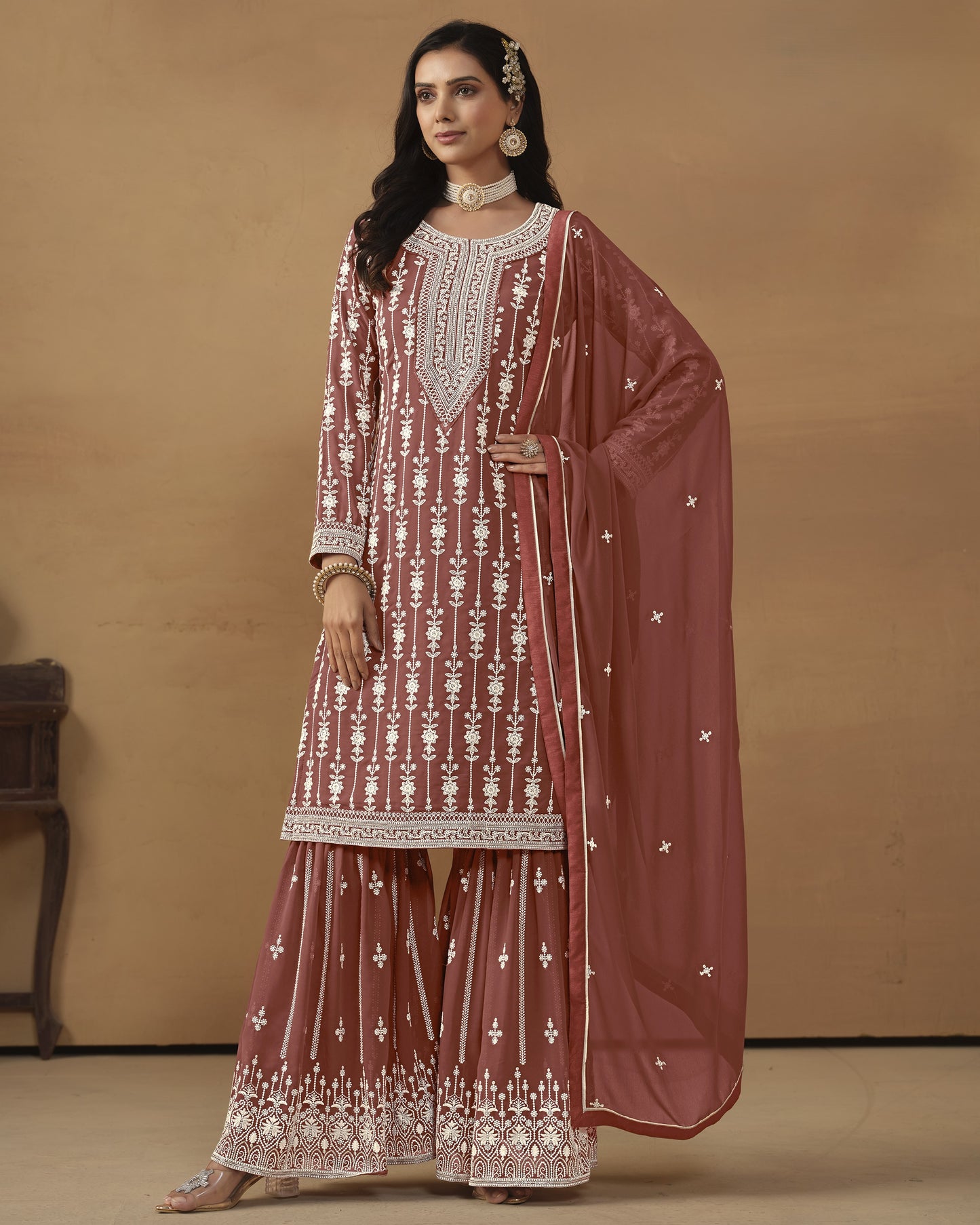 Brown Faux Georgette Sharara Suit With Kameez And Dupatta For Indian & Pakistani Wedding Festival - Thread Sequence Work