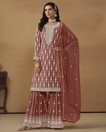 Brown Faux Georgette Sharara Suit With Kameez And Dupatta For Indian & Pakistani Wedding Festival - Thread Sequence Work