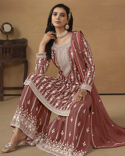 Brown Faux Georgette Sharara Suit With Kameez And Dupatta For Indian & Pakistani Wedding Festival - Thread Sequence Work