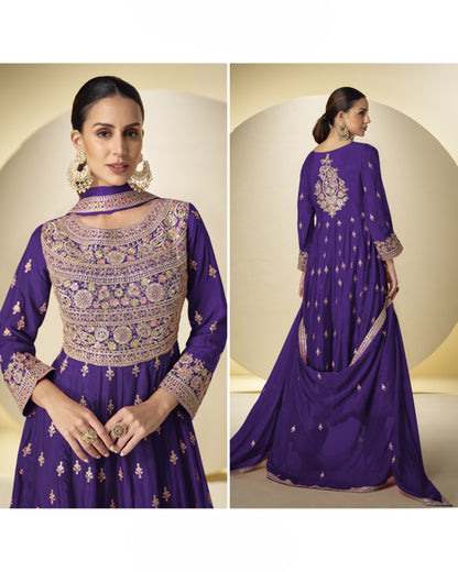 Purple embroidered traditional outfit with front and back views on a neutral background