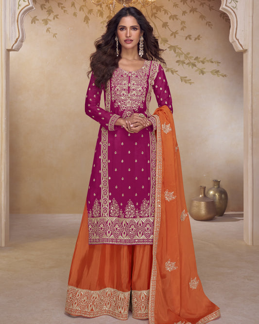Pink & Orange Chinon Silk Plazo Suit With Kameez & Dupatta For Indian & Pakistani Wedding Festival - Mirror & Dori With Thread & Sequence Work