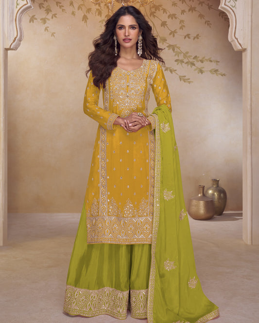 Yellow & Green Chinon Silk Plazo Suit With Kameez & Dupatta For Indian & Pakistani Wedding Festival - Mirror & Dori With Thread & Sequence Work