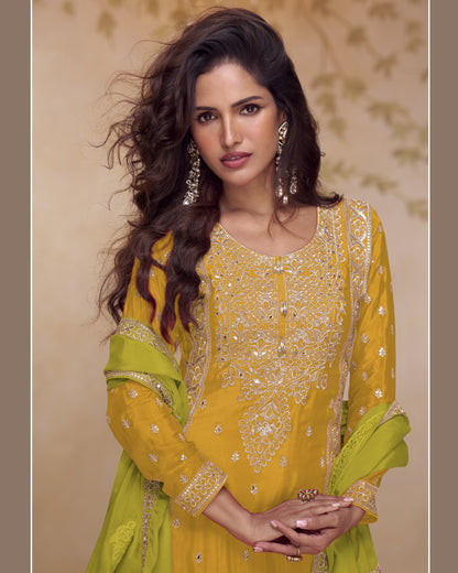 Yellow & Green Chinon Silk Plazo Suit With Kameez & Dupatta For Indian & Pakistani Wedding Festival - Mirror & Dori With Thread & Sequence Work