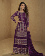 Purple Chinon Silk Plazo Suit With Kameez & Dupatta For Indian & Pakistani Wedding Festival - Dori With Thread & Sequence Embroidery Work