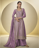 Lavender Simer Silk Plazo Suit With Kameez & Dupatta For Indian & Pakistani Wedding Festival - Dori With Mirror & Thread Embroidery Work