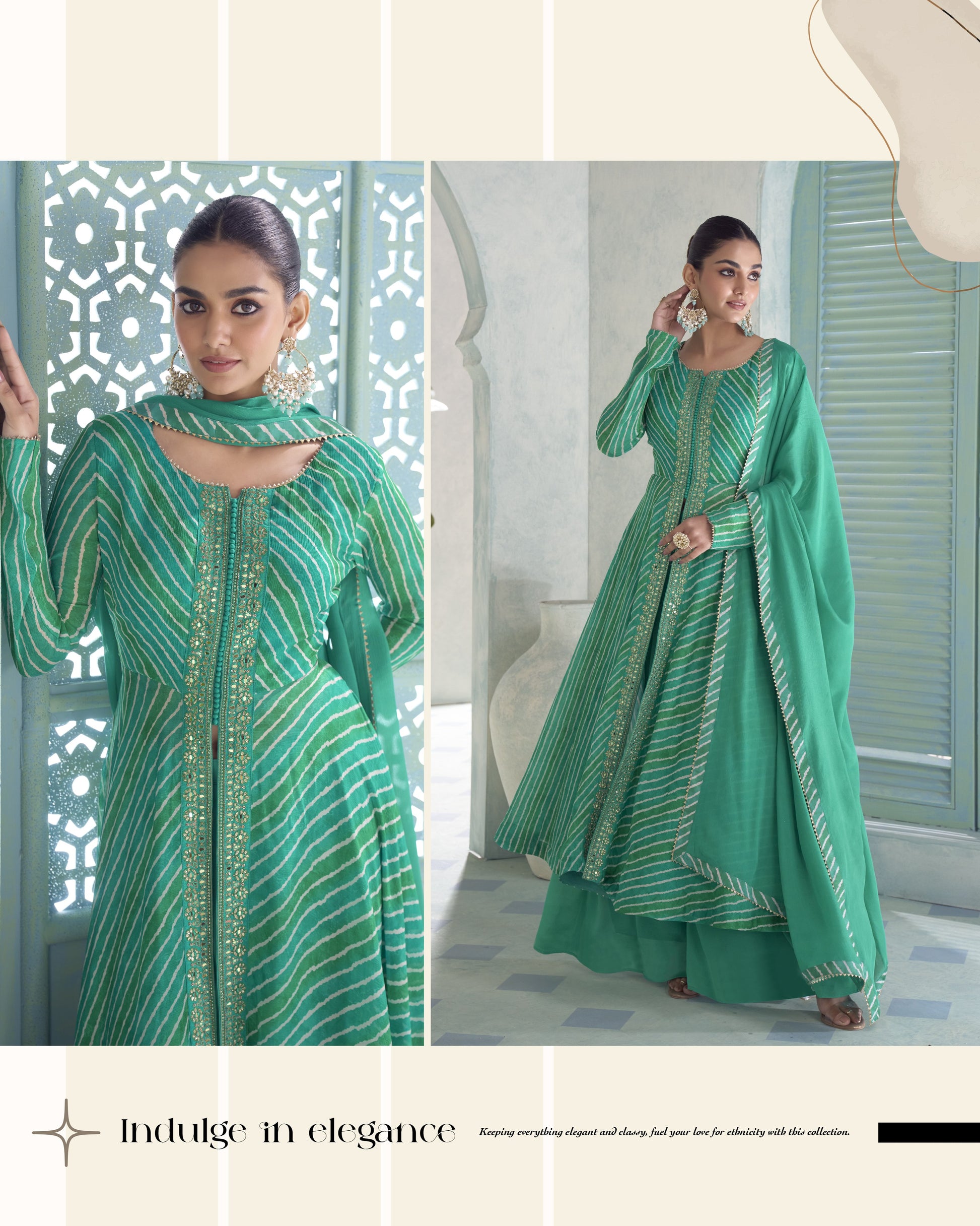 A model showcases a green traditional Indian outfit, featuring a long-sleeved kurta with vertical stripes, a matching dupatta, and wide-leg palazzo pants, shown in two views against an elegant indoor backdrop.