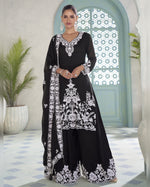 Black Chinon Silk Plazo Suit With Kameez & Dupatta For Indian & Pakistani Wedding Festival - Thread & Sequence Embroidery Work