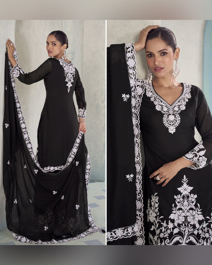 Black Chinon Silk Plazo Suit With Kameez & Dupatta For Indian & Pakistani Wedding Festival - Thread & Sequence Embroidery Work