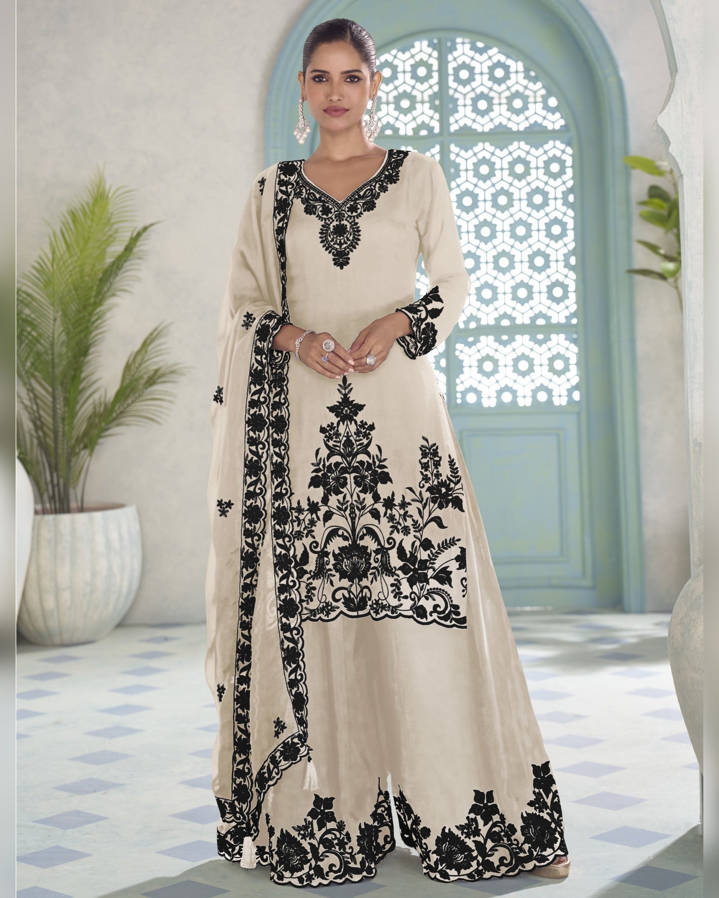 Cream Chinon Silk Plazo Suit With Kameez & Dupatta For Indian & Pakistani Wedding Festival - Thread & Sequence Embroidery Work