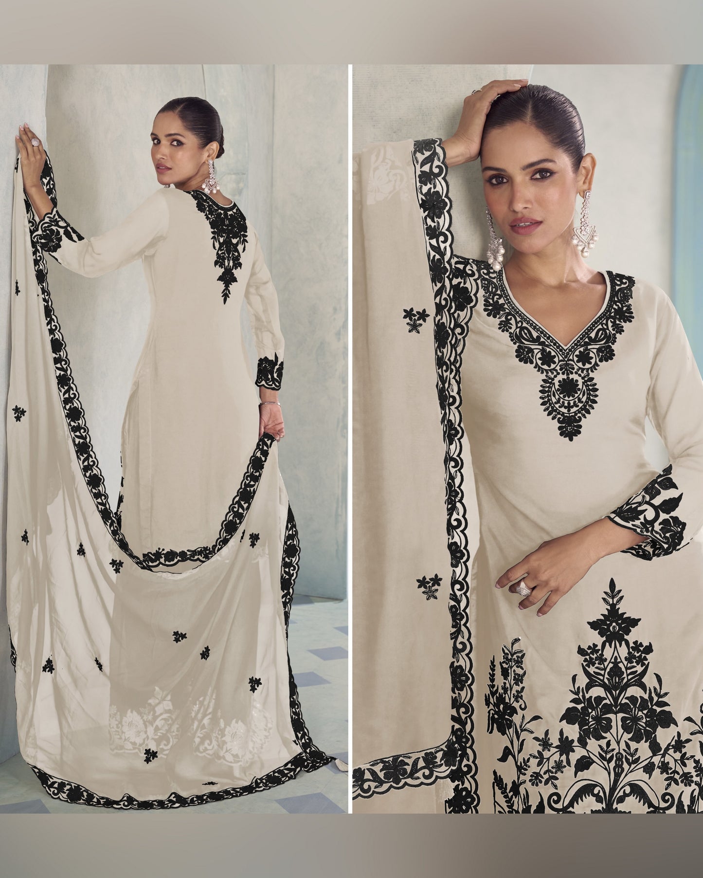 Cream Chinon Silk Plazo Suit With Kameez & Dupatta For Indian & Pakistani Wedding Festival - Thread & Sequence Embroidery Work